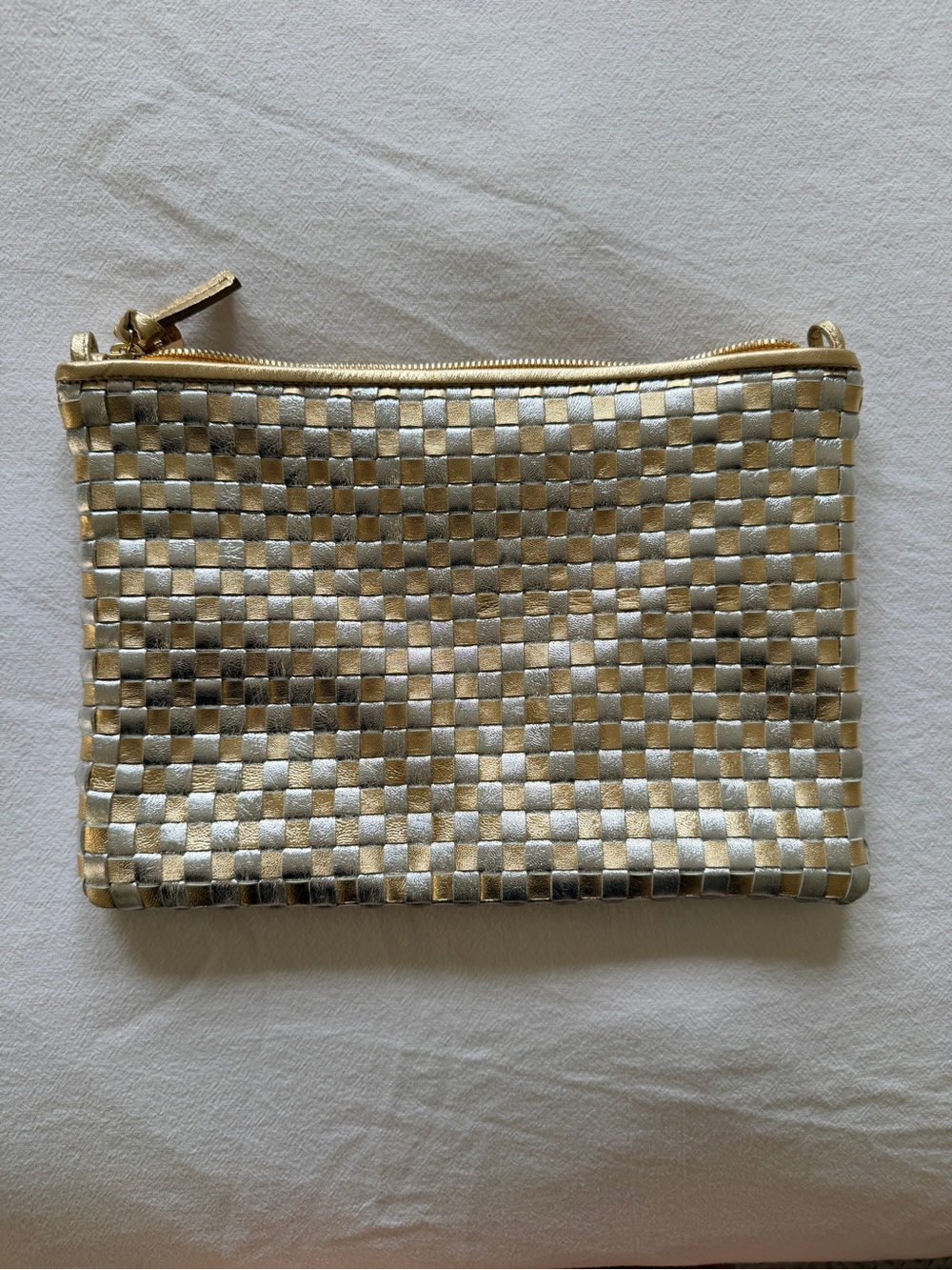 Clare V. Flat Clutch with Tabs - Metallic Woven Crossbody Pouch - Gold & Silver